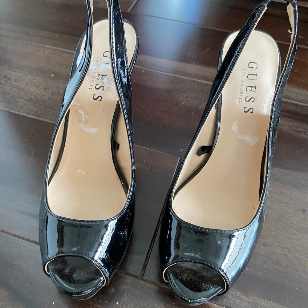 Guess Black patent leather peep toe slingbacks